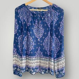 LUCKY BRAND‎ Navy Blue & Lavender Bohemian Print Long-Sleeve Peasant Top, XS/SM